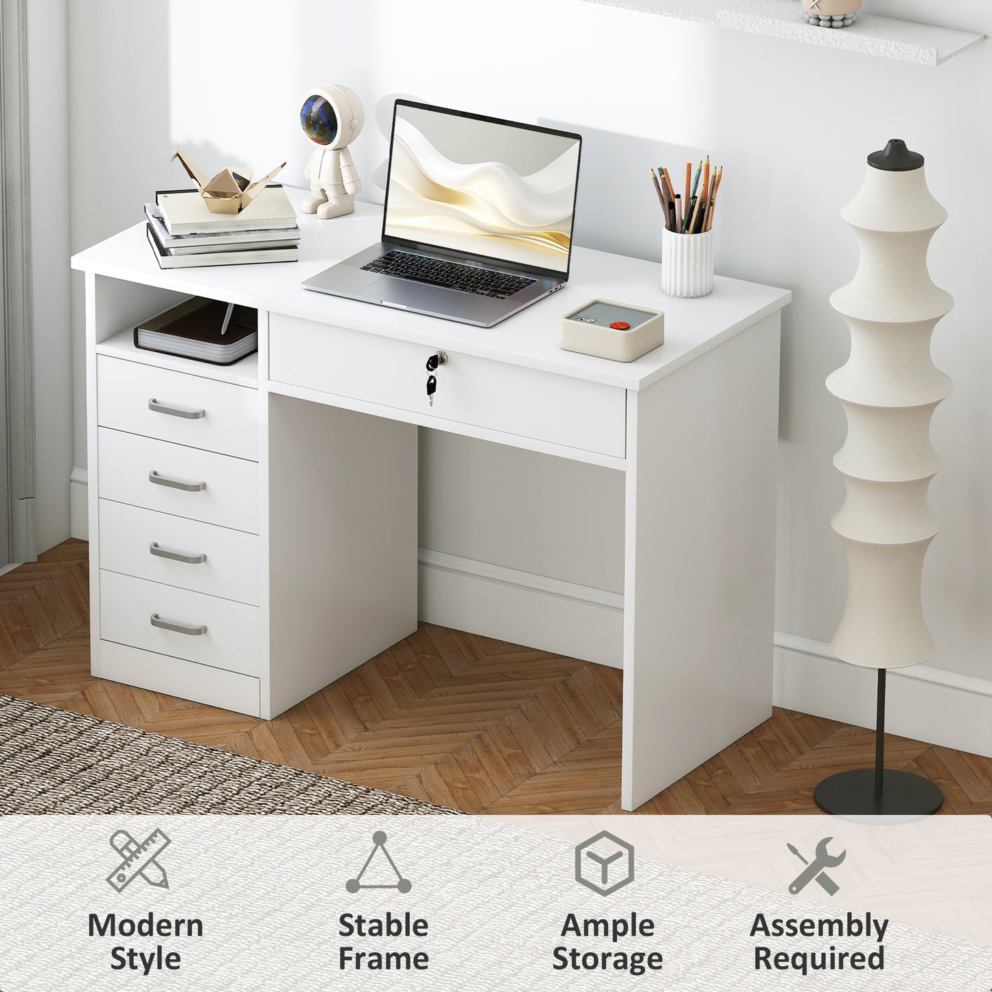 Computer Desk Writing Desk with Five Drawers for Home Office White