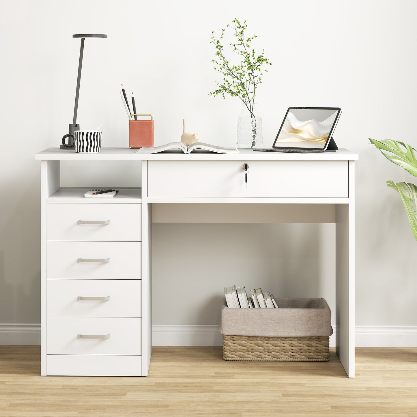 Computer Desk Writing Desk with Five Drawers for Home Office White