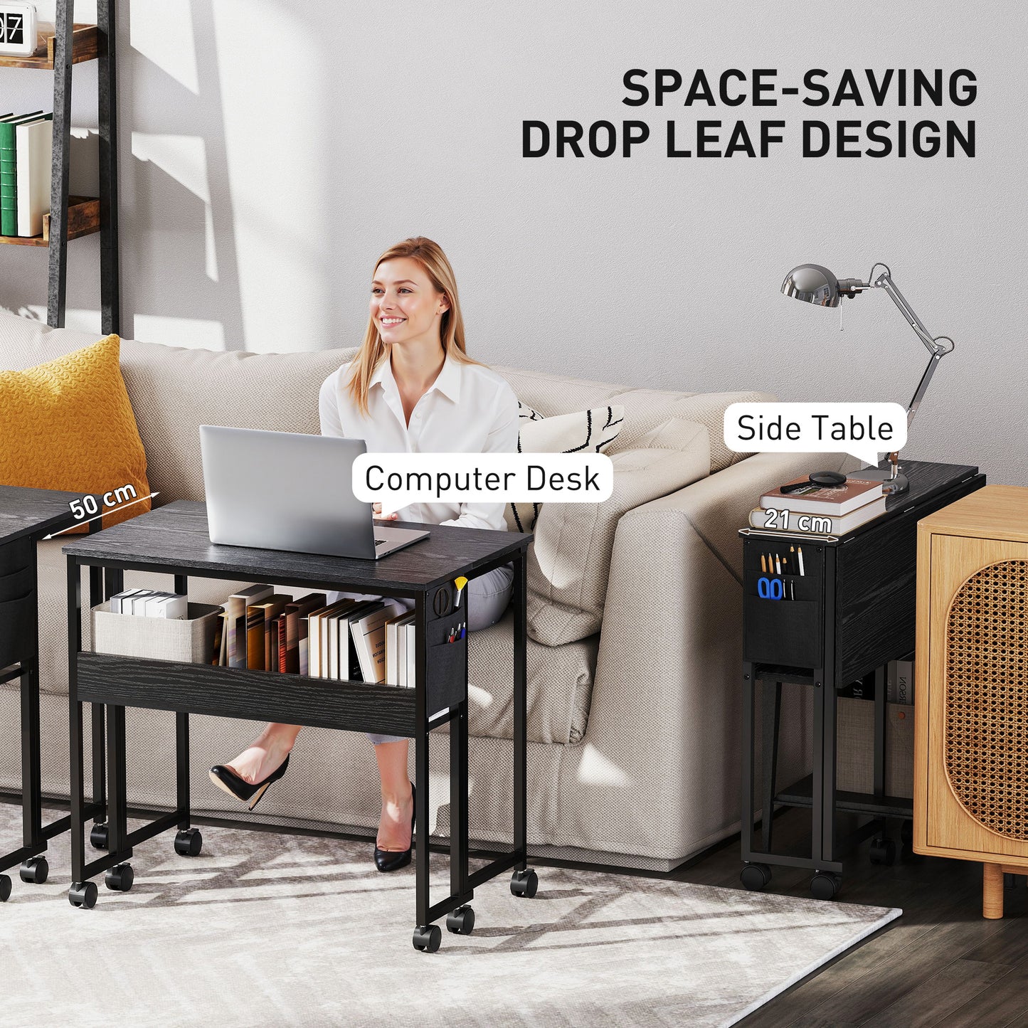 80 cm Foldable Computer Desk on Wheels for Small Spaces, Black