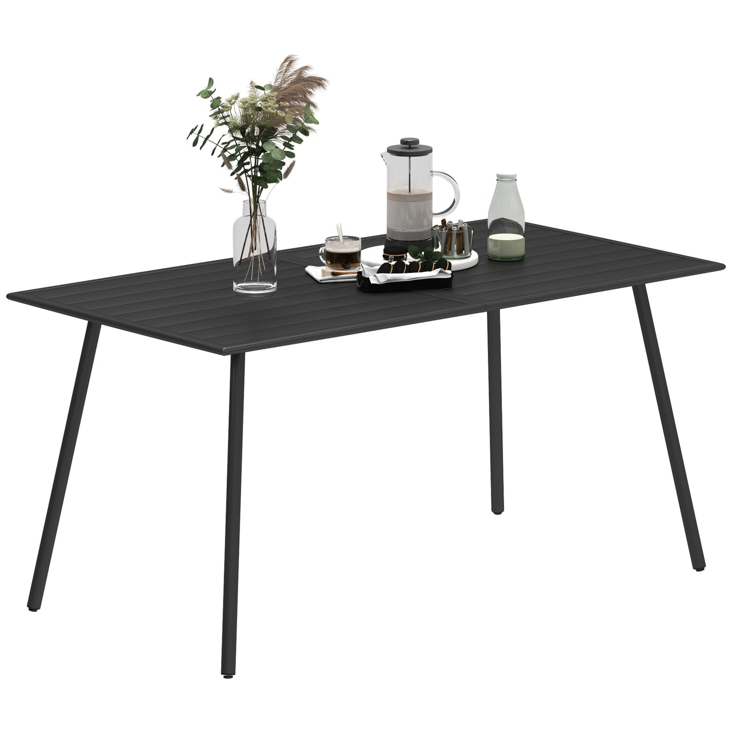Garden Table for 6 Person with Slat Top, Steel Frame, Black