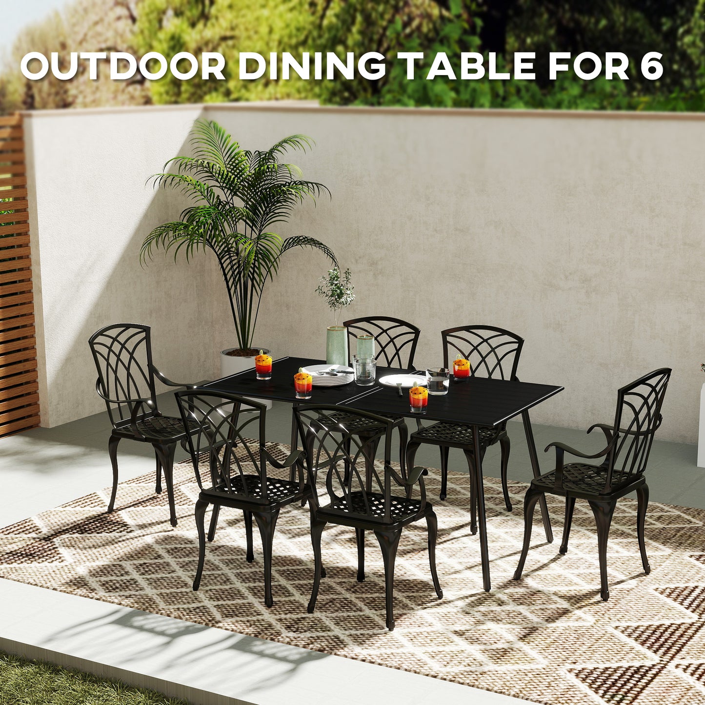 Garden Table for 6 Person with Slat Top, Steel Frame, Black