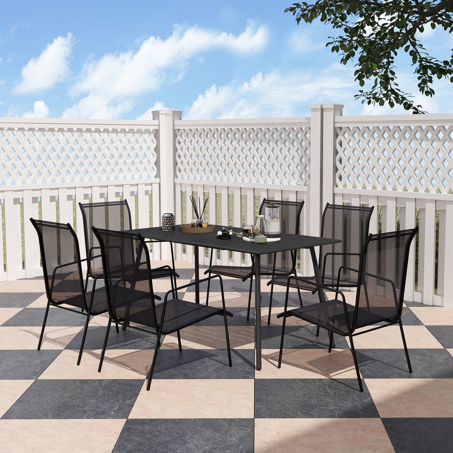 Garden Table for 6 Person with Slat Top, Steel Frame, Black