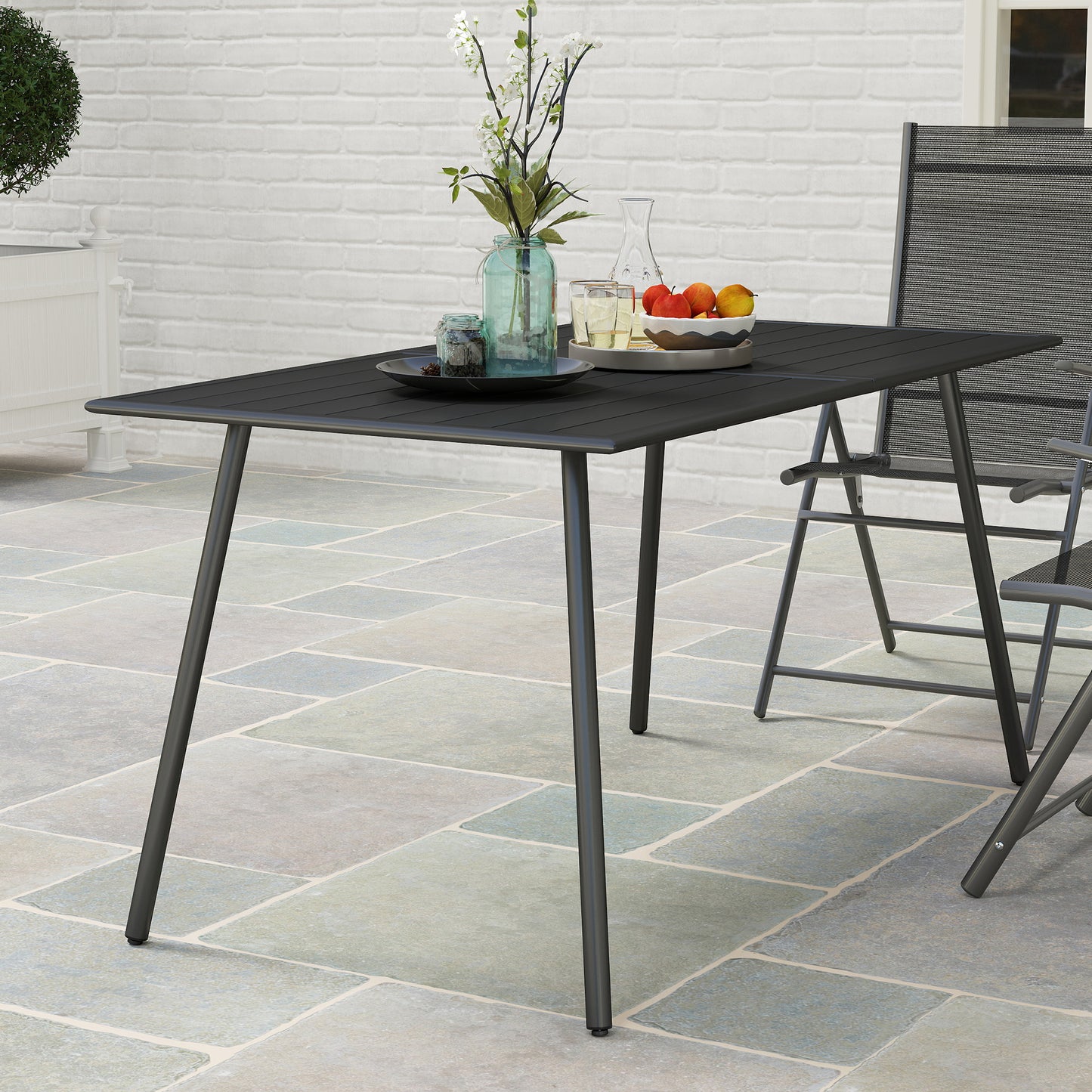 Garden Table for 6 Person with Slat Top, Steel Frame, Black