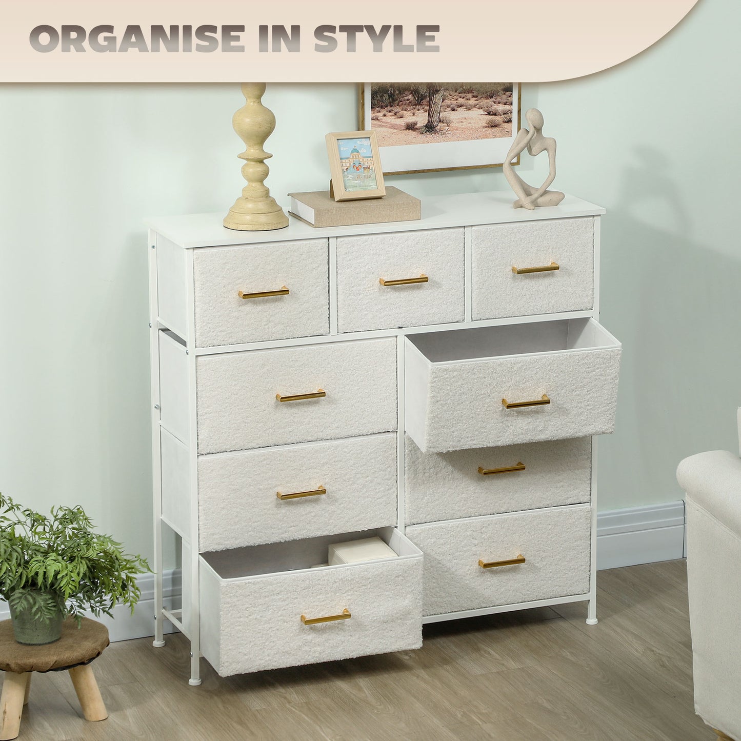 Chest of Drawers with 9 Drawers, Boucle Storage Organiser, Cream