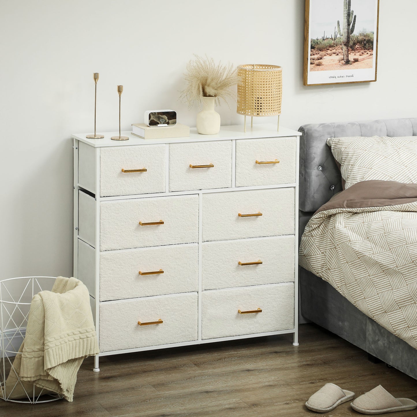 Chest of Drawers with 9 Drawers, Boucle Storage Organiser, Cream