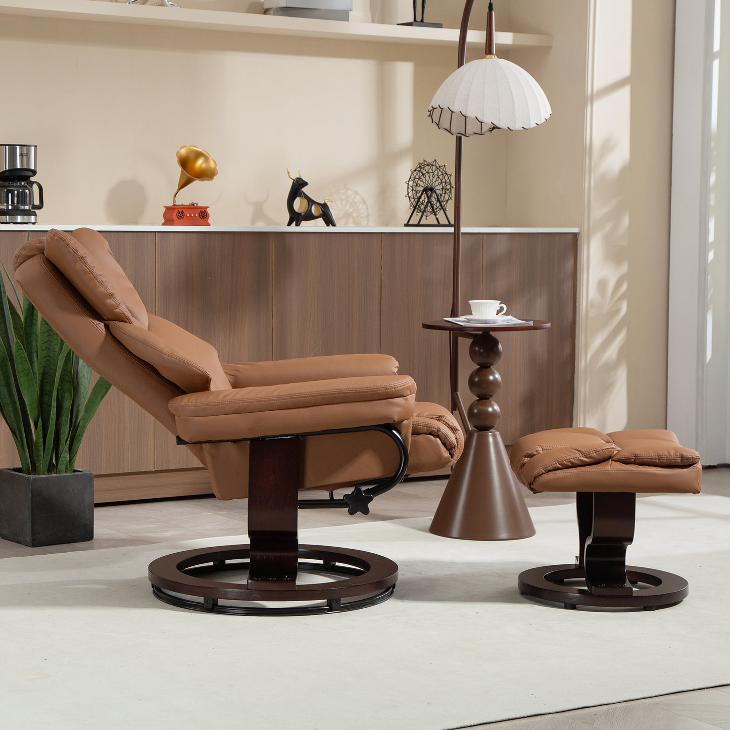 PU Leather Manual Reclining Armchair Footstool Padded Seat Brown