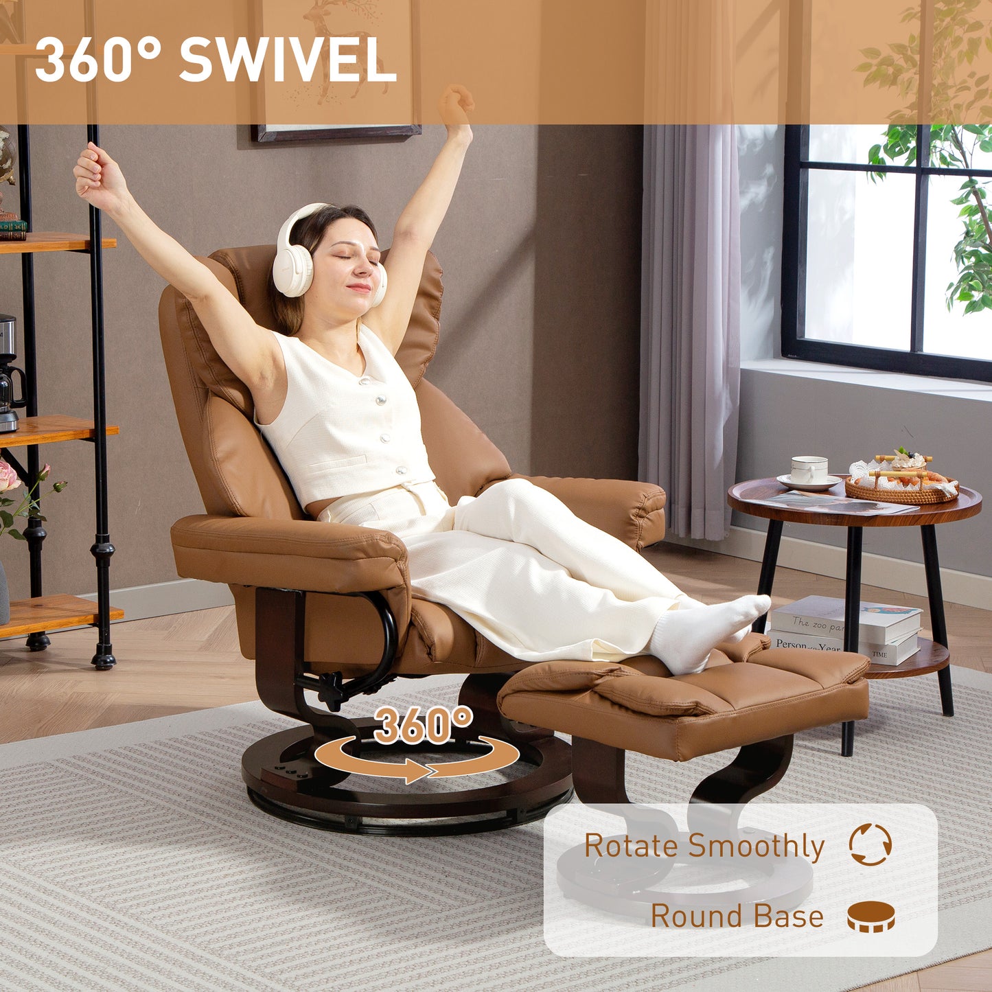 PU Leather Manual Reclining Armchair Footstool Padded Seat Brown