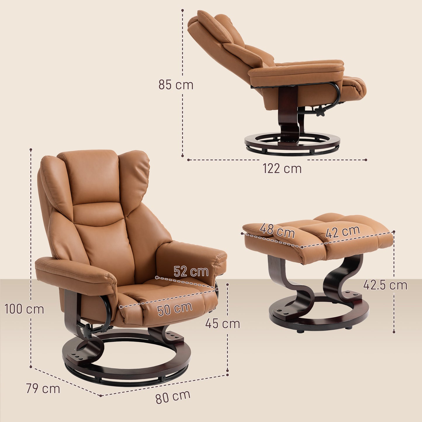 PU Leather Manual Reclining Armchair Footstool Padded Seat Brown