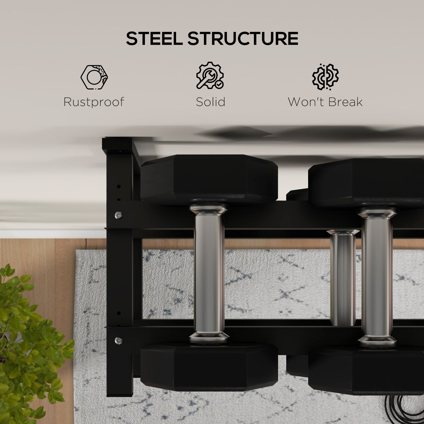 Wall-Mounted Dumbbell Rack, 2-Tier Steel Design, Black