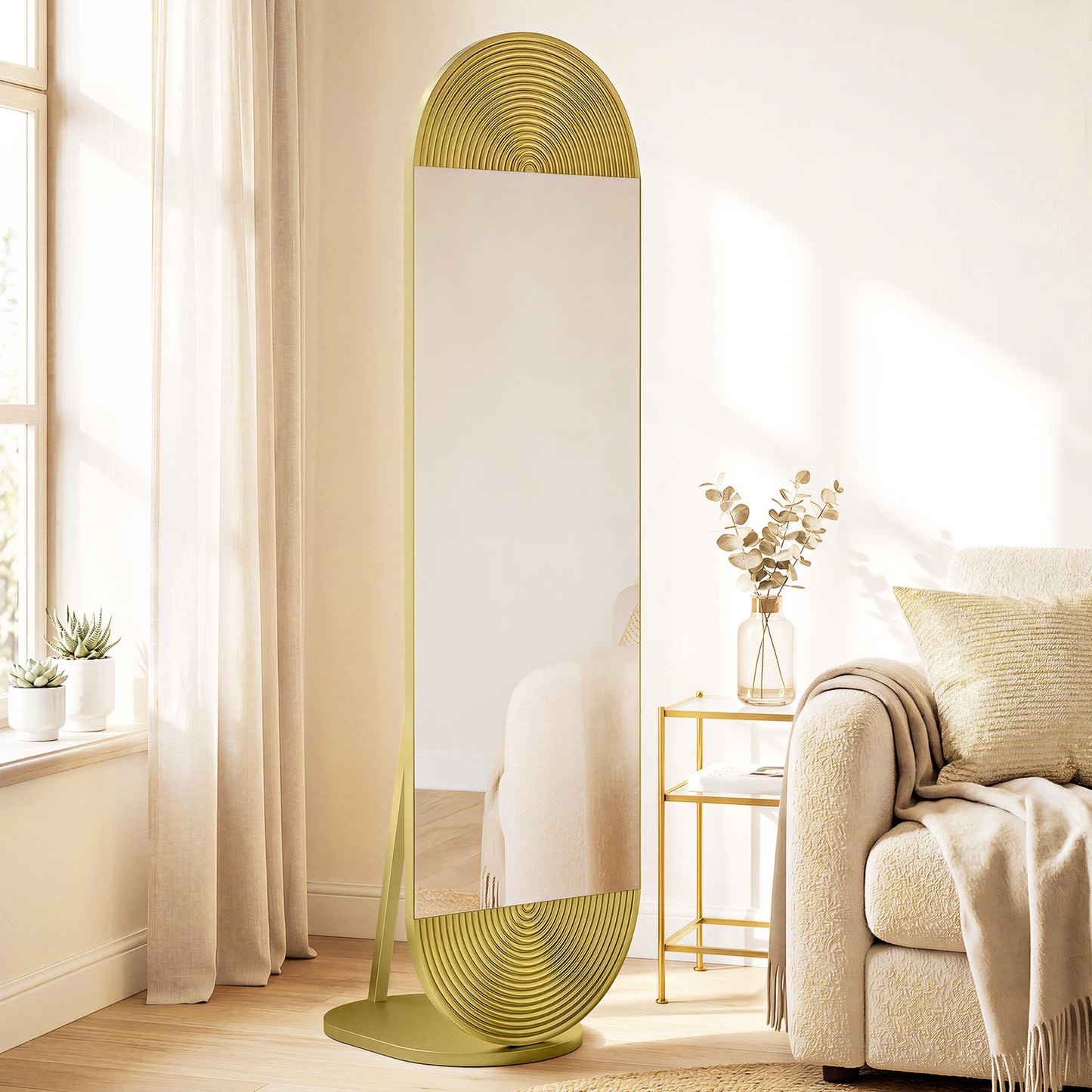 Wavy Full Length Mirror with Metal Frame and Base, Gold Tone