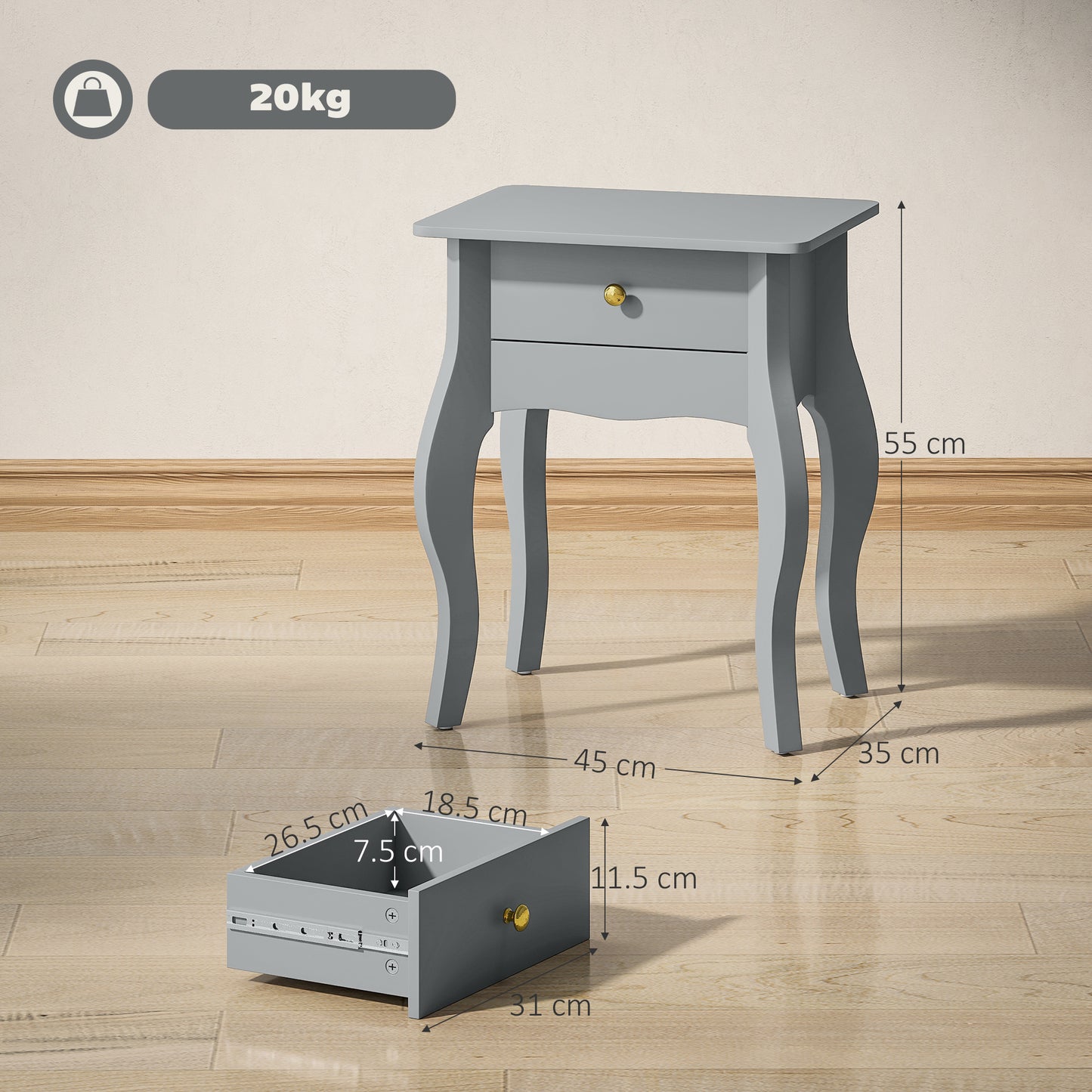 End Table French Style Small Table with Drawer and Curved Legs, Grey