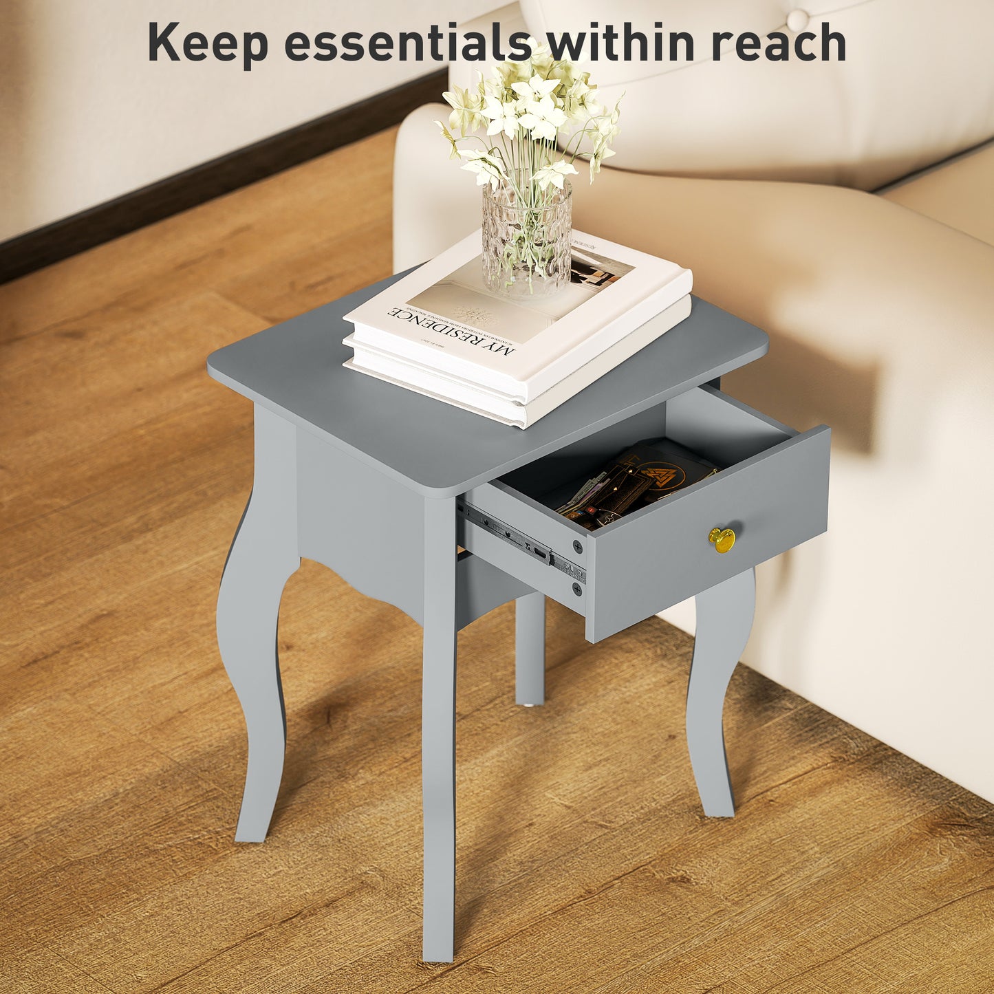 End Table French Style Small Table with Drawer and Curved Legs, Grey