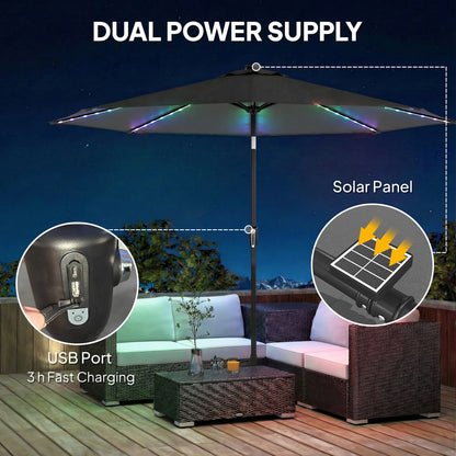 3 m Garden Parasol Umbrella with LED Lights, Patio Umbrella Grey