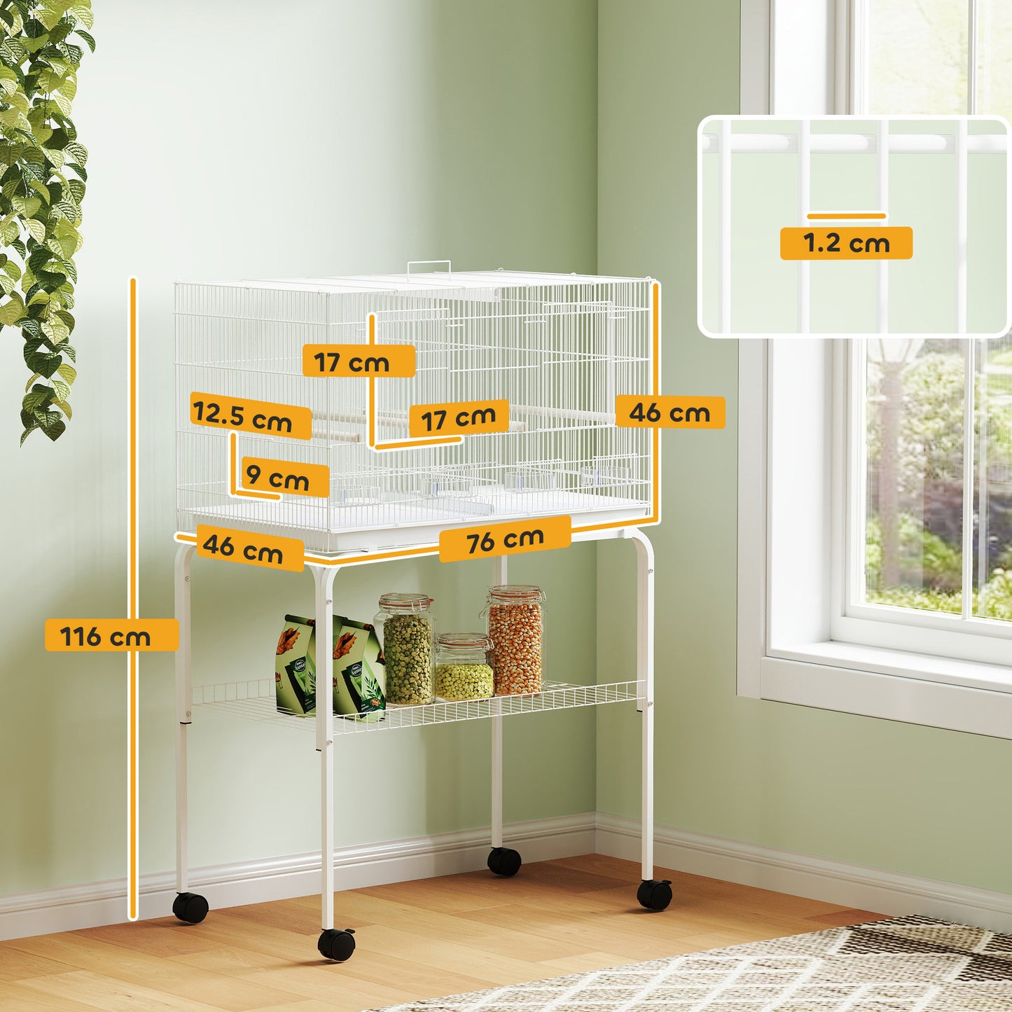 Bird Cage with Divider, 4 Wooden Perches, Slide Out Tray, White