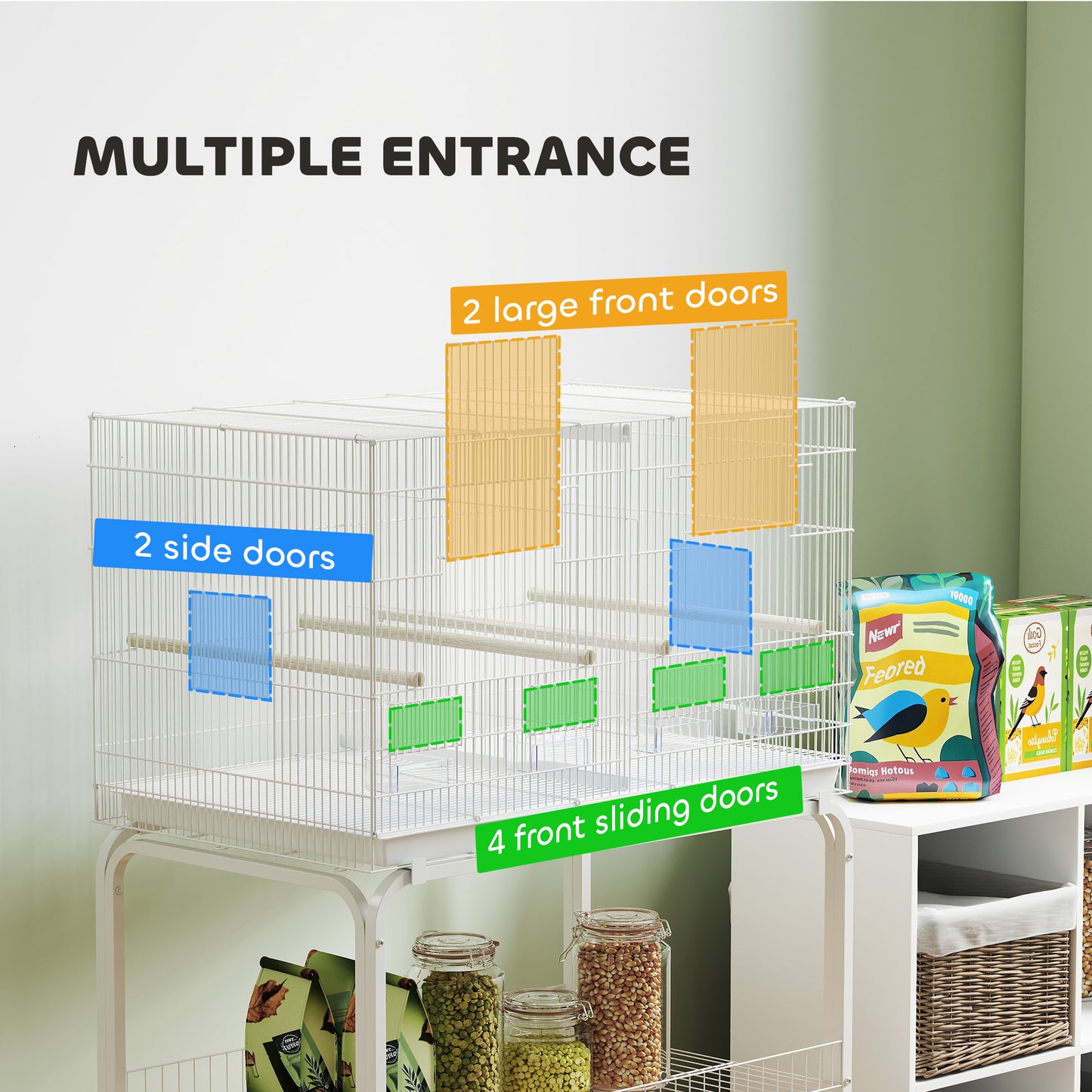 Bird Cage with Divider, 4 Wooden Perches, Slide Out Tray, White