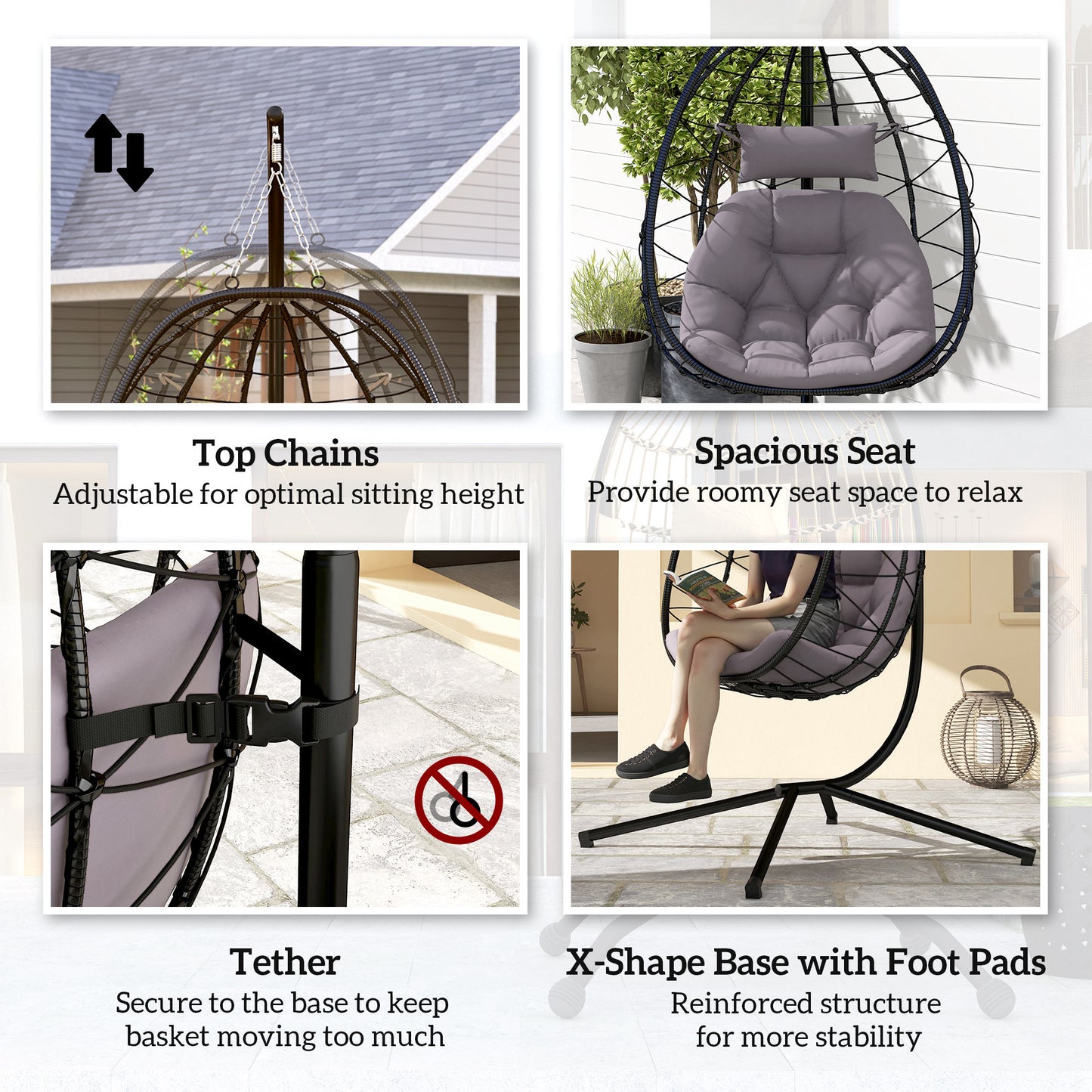 Garden Egg Chair Outdoor Hanging Swing Chair, Folding Basket, Grey