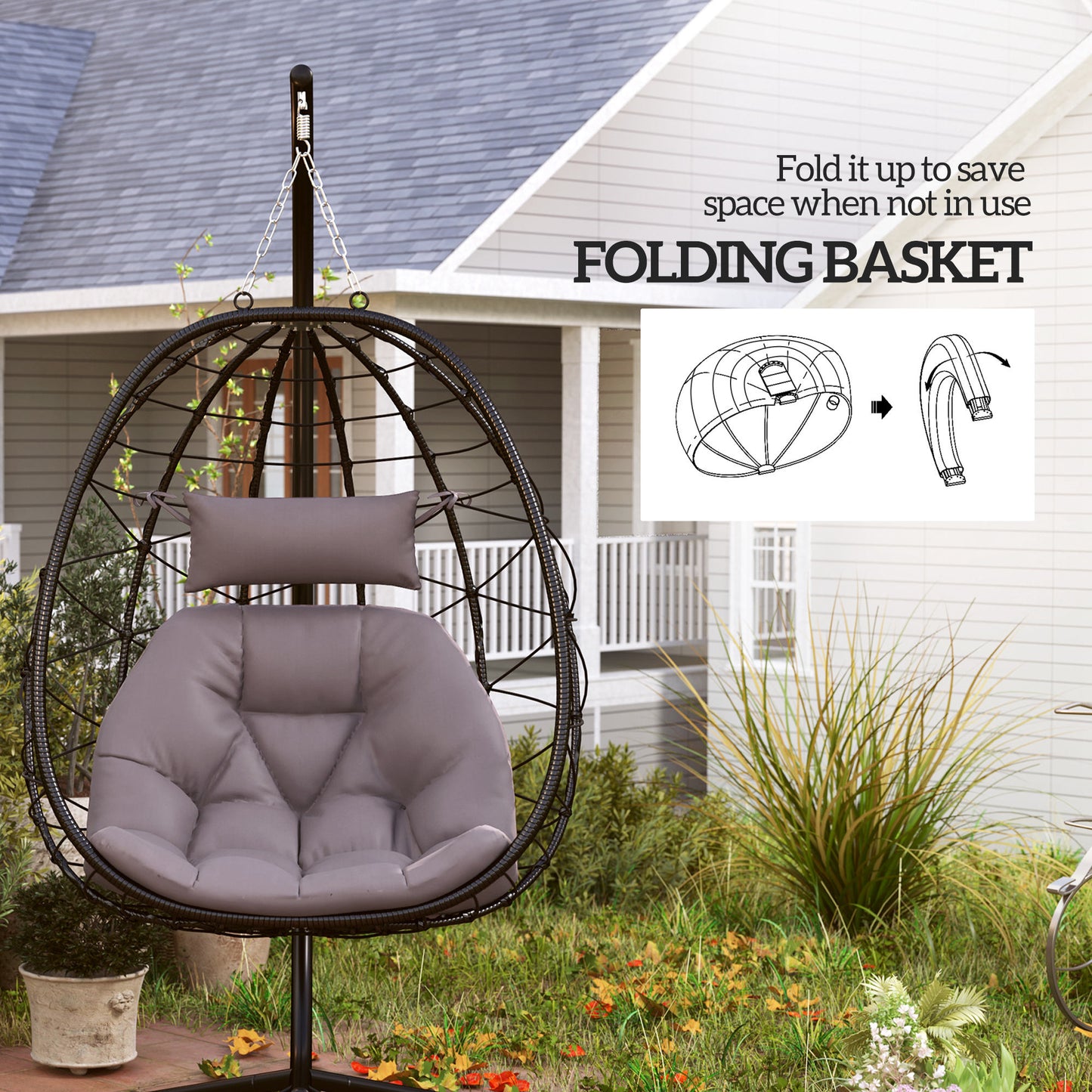 Garden Egg Chair Outdoor Hanging Swing Chair, Folding Basket, Grey