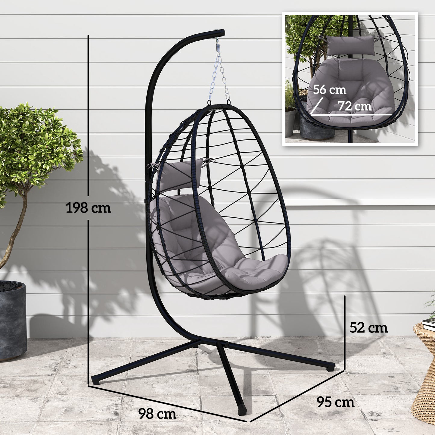 Garden Egg Chair Outdoor Hanging Swing Chair, Folding Basket, Grey