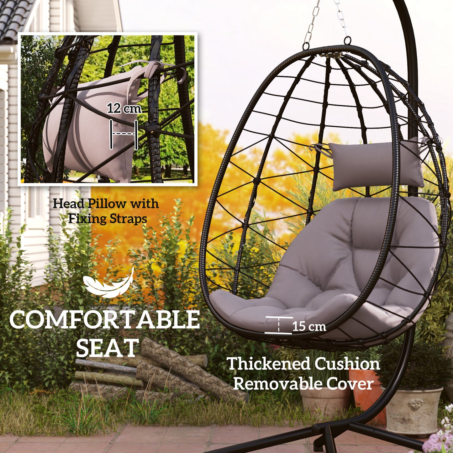 Garden Egg Chair Outdoor Hanging Swing Chair, Folding Basket, Grey