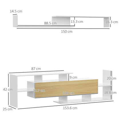 TV Cabinet Unit w/ Wall-Mounted Shelf, Open Shelves White and Natural