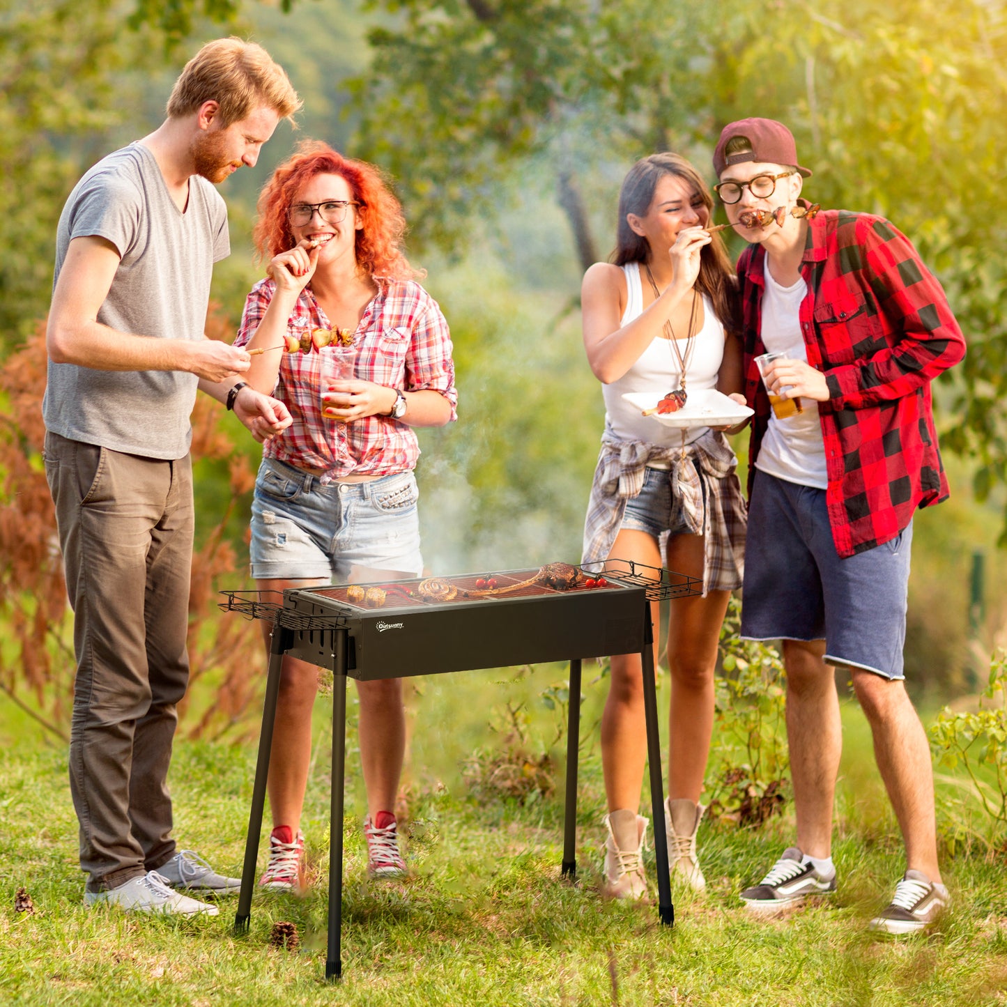 Portable Charcoal Barbecue Grill with Seasoning Baskets and Hooks