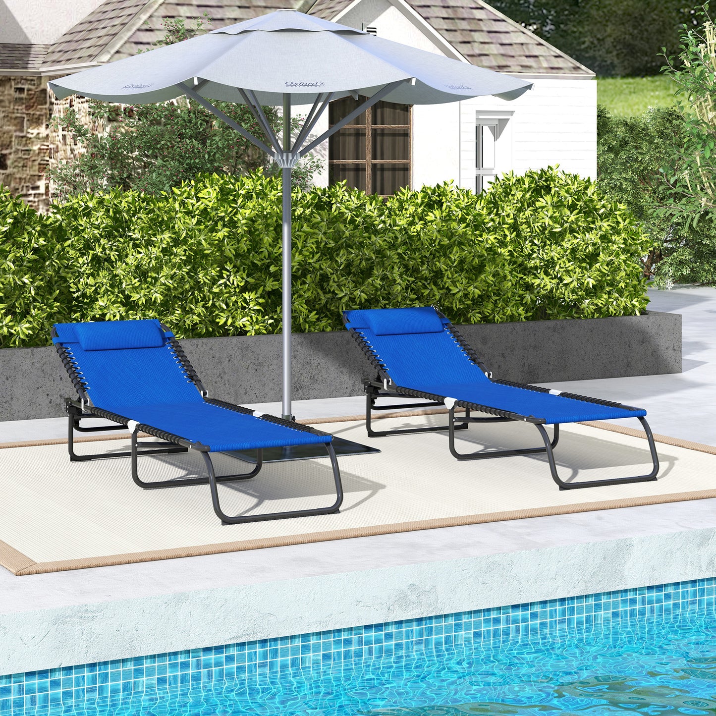 2 Pcs Folding Sun Lounger Beach Chaise Chair Garden Cot Camping Reclining with 4 Position Adjustable Blue