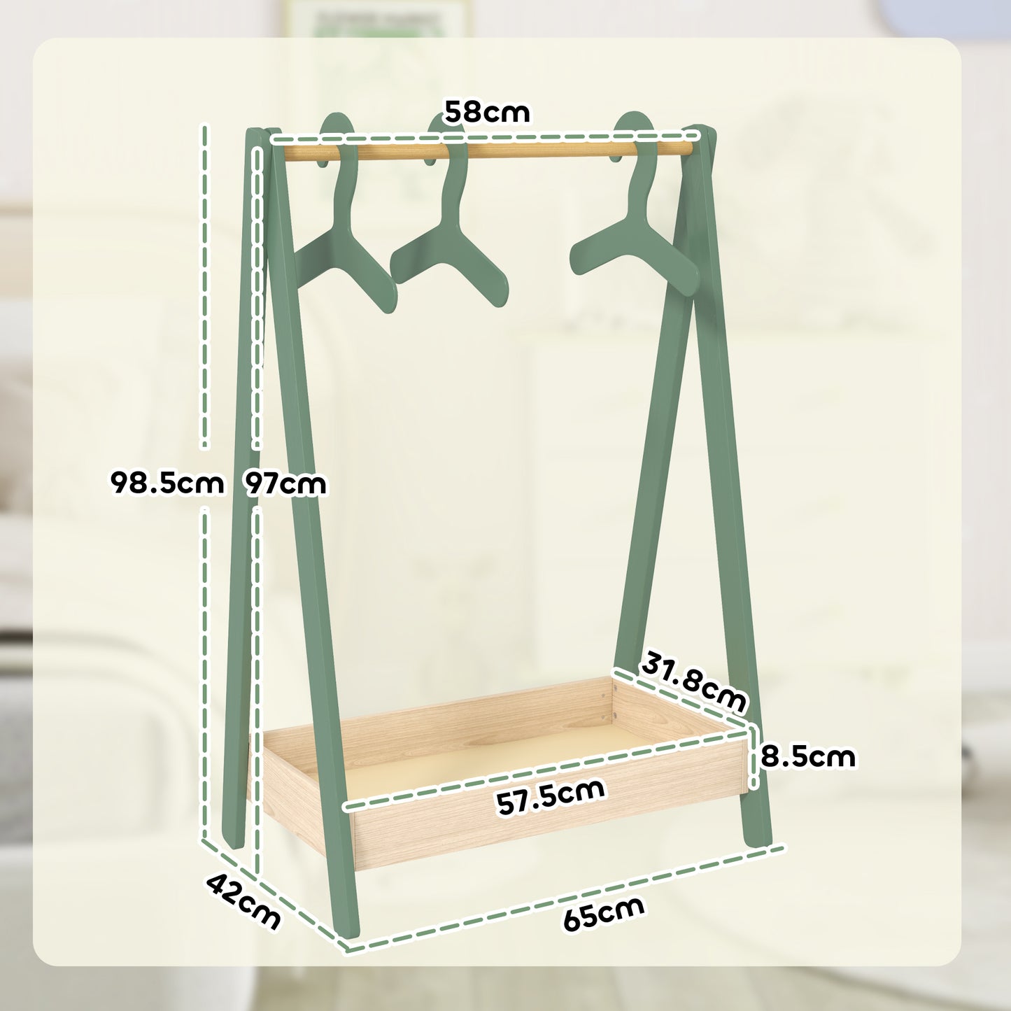 Kids Clothes Rail with Hangers, Base Shelf for Girls, Boys, Green