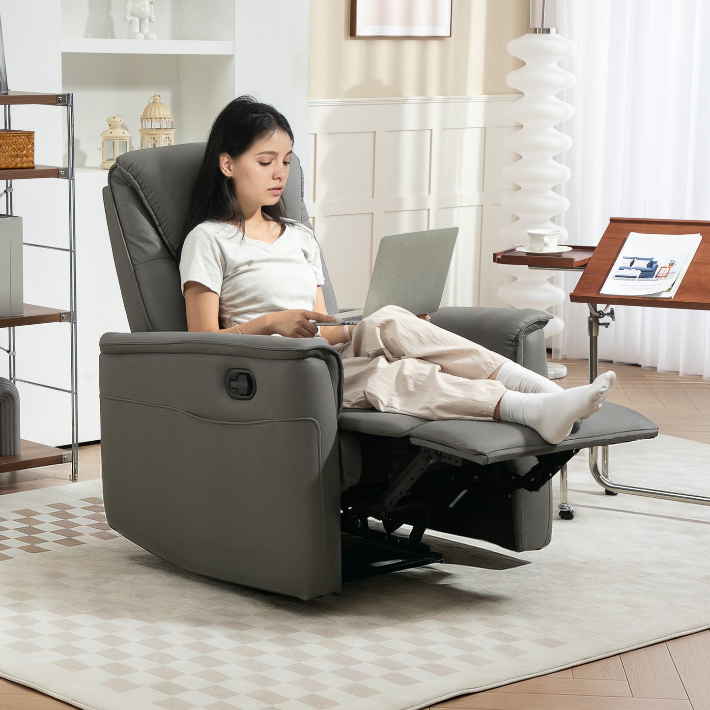 Recliner Armchair with Spring Cushion Adjustable Leg Rest Light Grey