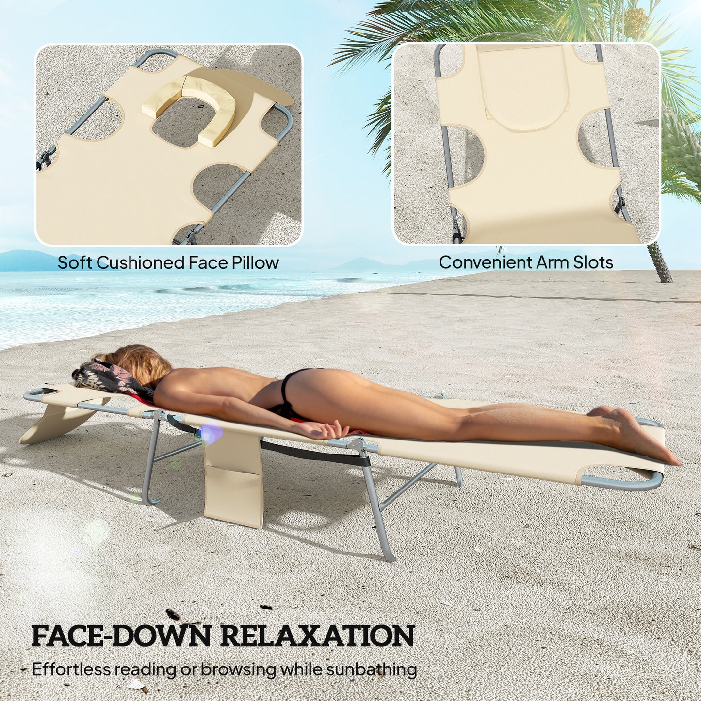 2 Sun Loungers with Reading Hole, Folding Garden Lounger, Beige