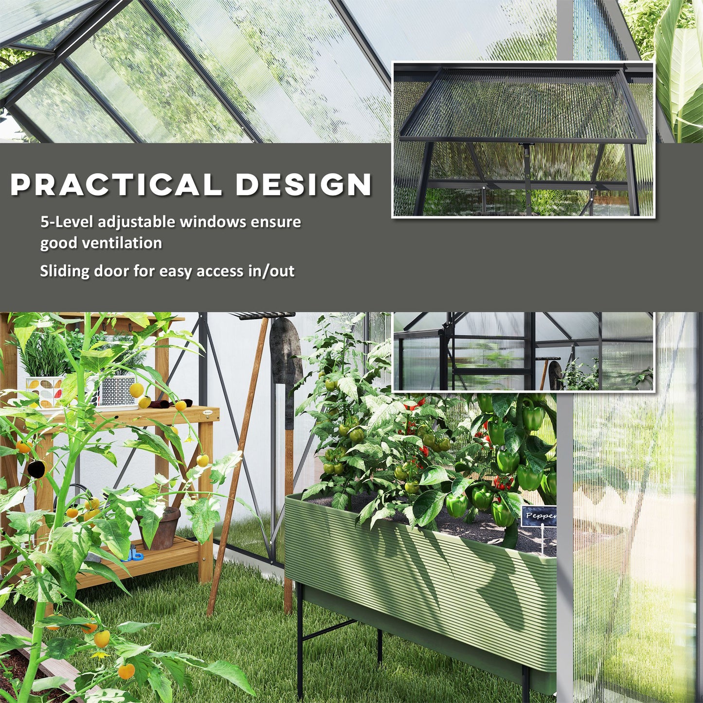 6 x 8ft Polycarbonate Greenhouse, Large Walk-In Greenhouse with Adjustable Roof Vent, Garden Green House with Galvanised Base, Sliding Door and Rain Gutter, Dark Grey