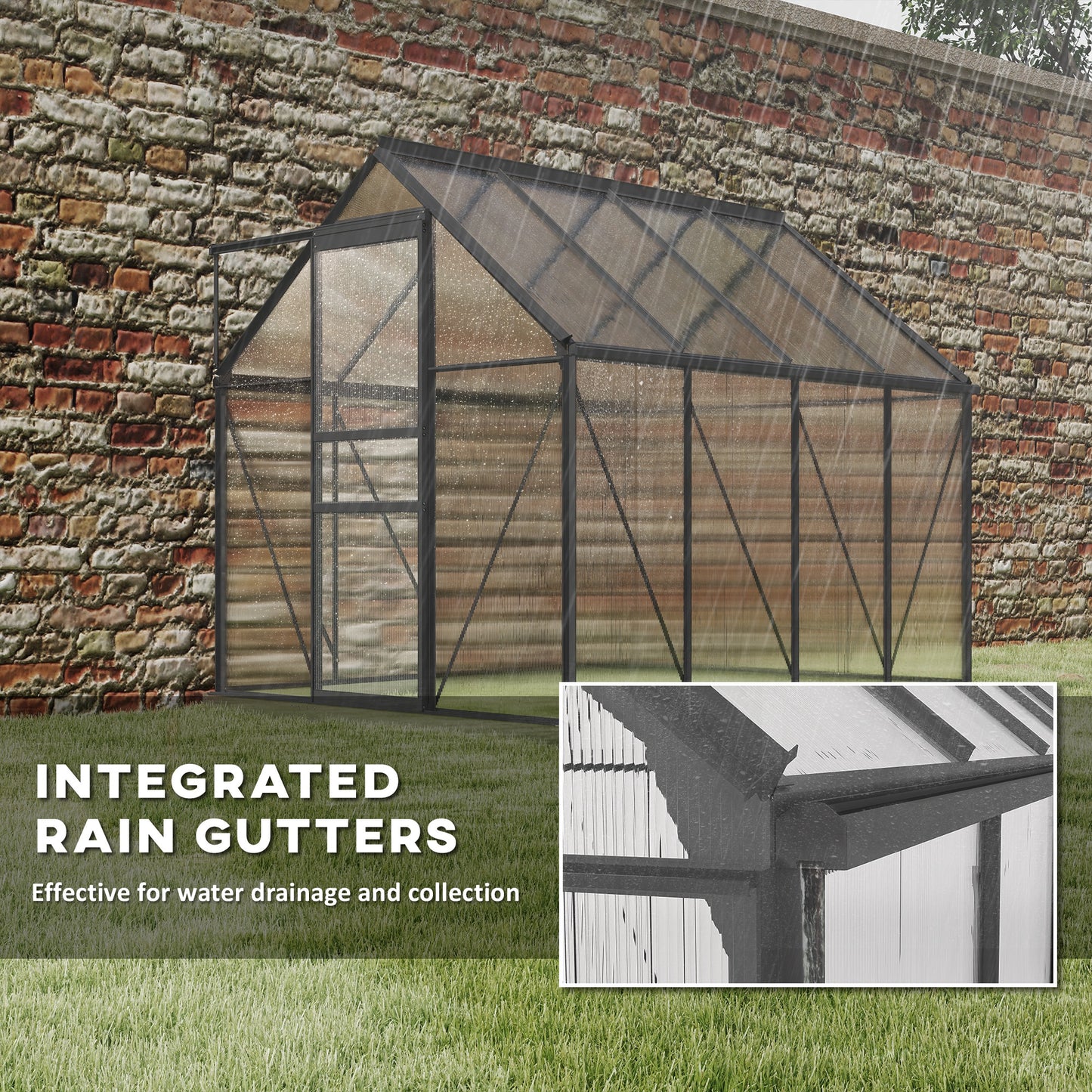 6 x 8ft Polycarbonate Greenhouse, Large Walk-In Greenhouse with Adjustable Roof Vent, Garden Green House with Galvanised Base, Sliding Door and Rain Gutter, Dark Grey