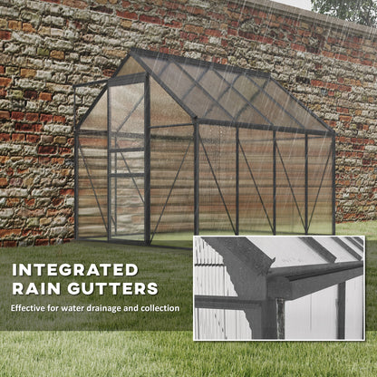 6 x 8ft Polycarbonate Greenhouse, Large Walk-In Greenhouse with Adjustable Roof Vent, Garden Green House with Galvanised Base, Sliding Door and Rain Gutter, Dark Grey