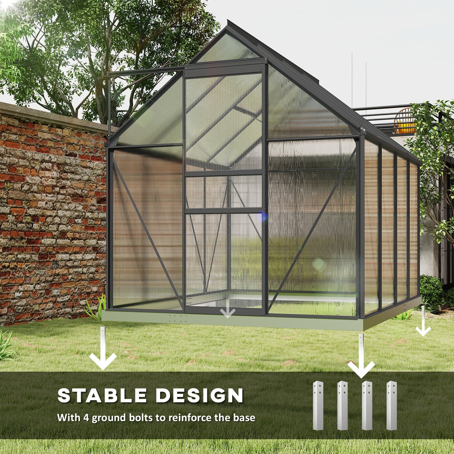 6 x 8ft Polycarbonate Greenhouse, Large Walk-In Greenhouse with Adjustable Roof Vent, Garden Green House with Galvanised Base, Sliding Door and Rain Gutter, Dark Grey