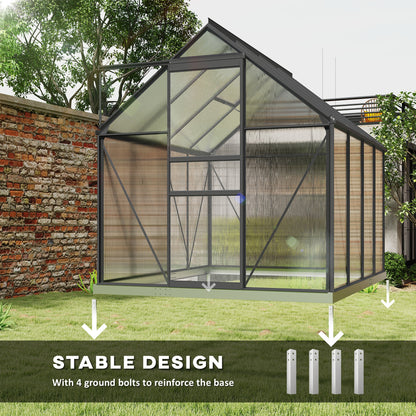 6 x 8ft Polycarbonate Greenhouse, Large Walk-In Greenhouse with Adjustable Roof Vent, Garden Green House with Galvanised Base, Sliding Door and Rain Gutter, Dark Grey