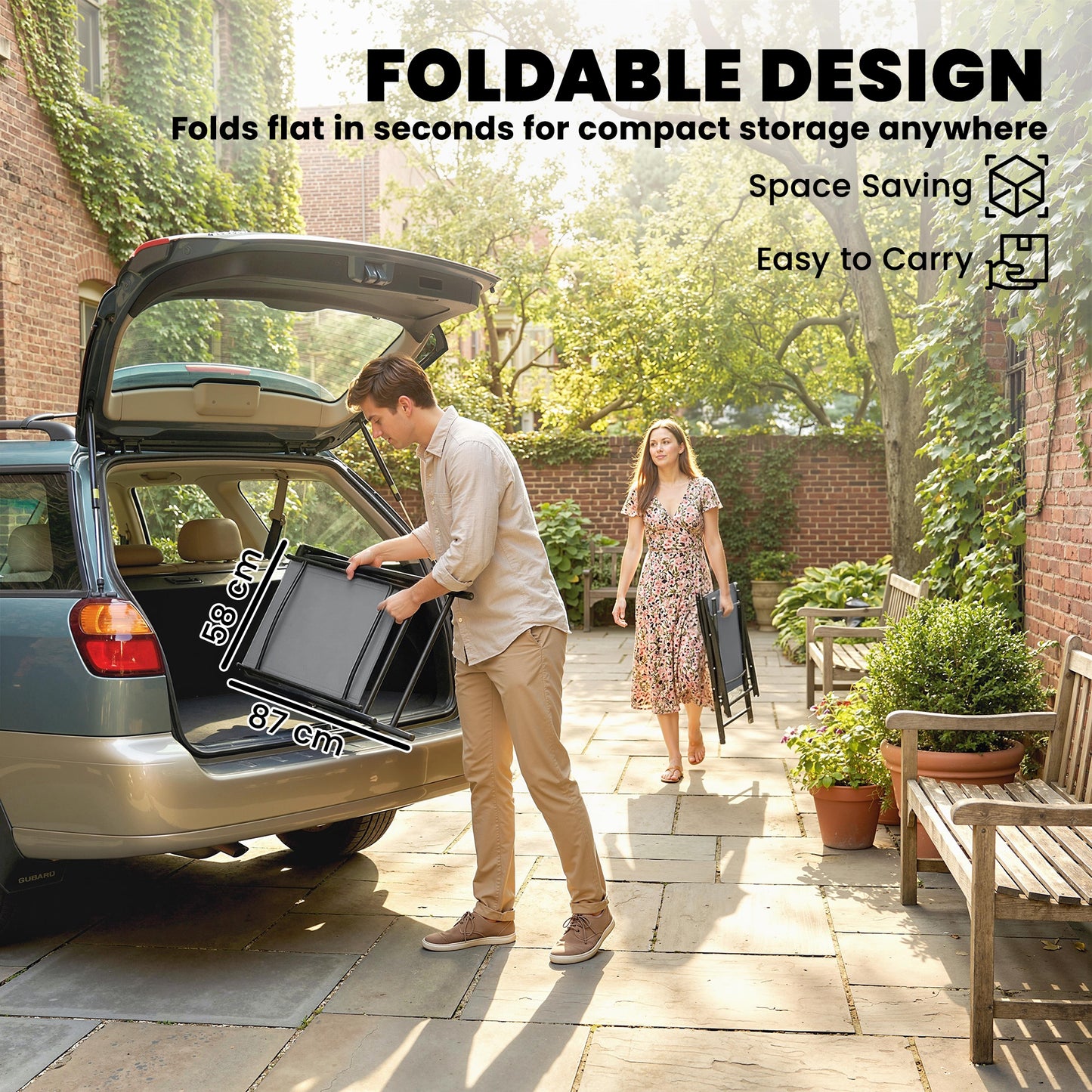 Folding Garden Chairs Set of 2 with High Back, Armrests, Light Grey