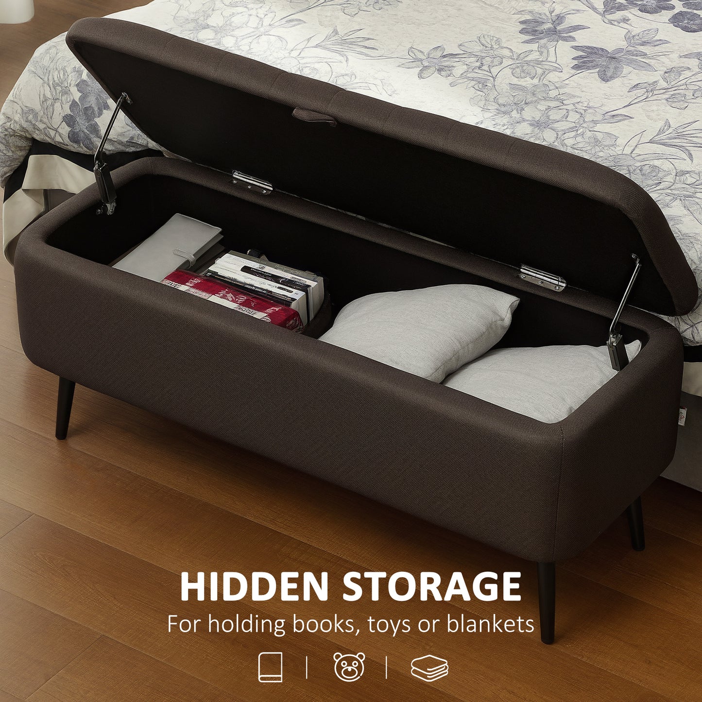 Storage Ottoman Bench, Linen Fabric Footstool with Steel Legs Brown