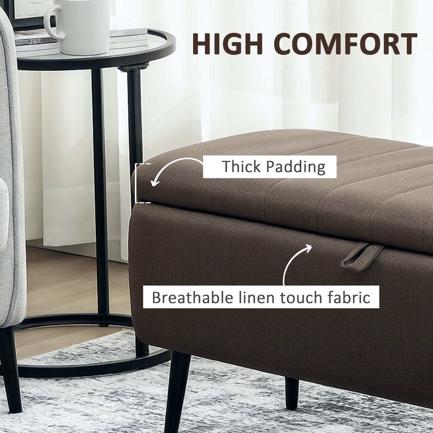 Storage Ottoman Bench, Linen Fabric Footstool with Steel Legs Brown