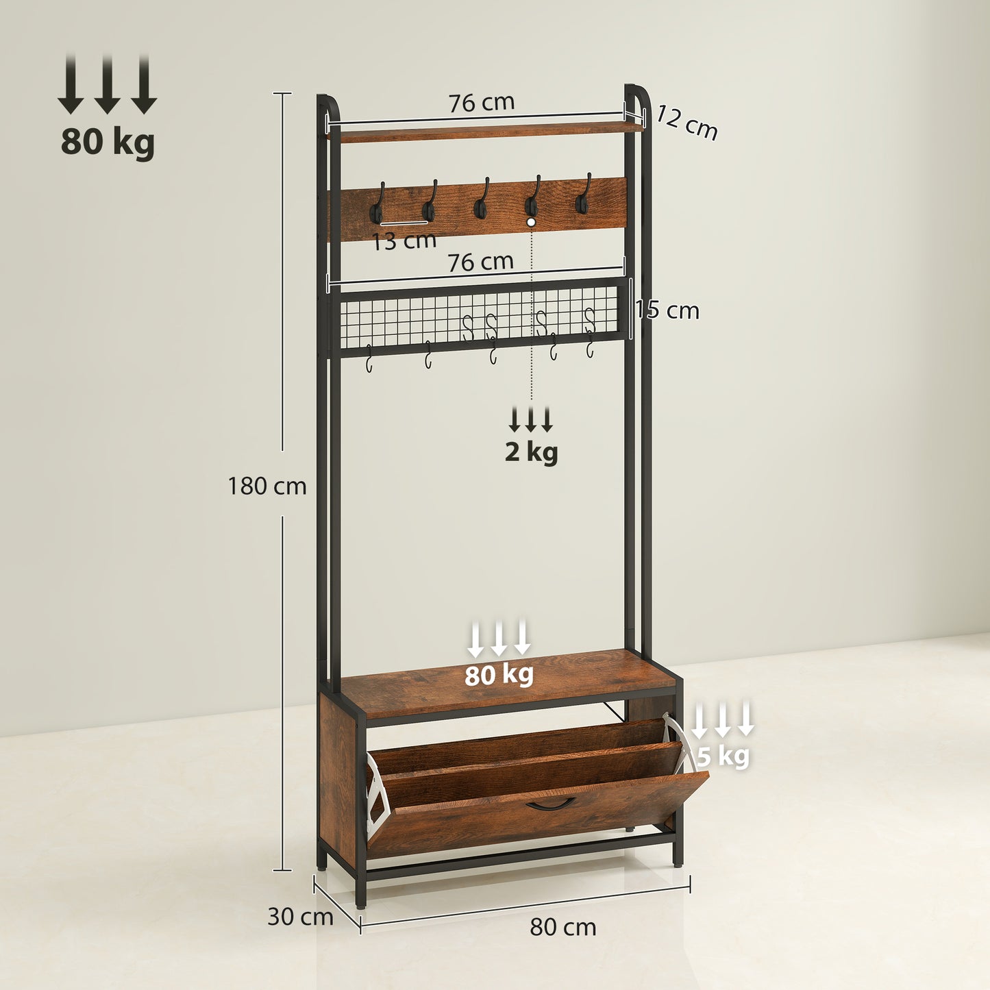 Industrial Hall Tree Coat Rack Stand with Shoe Cabinet Rustic Brown