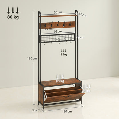 Industrial Hall Tree Coat Rack Stand with Shoe Cabinet Rustic Brown