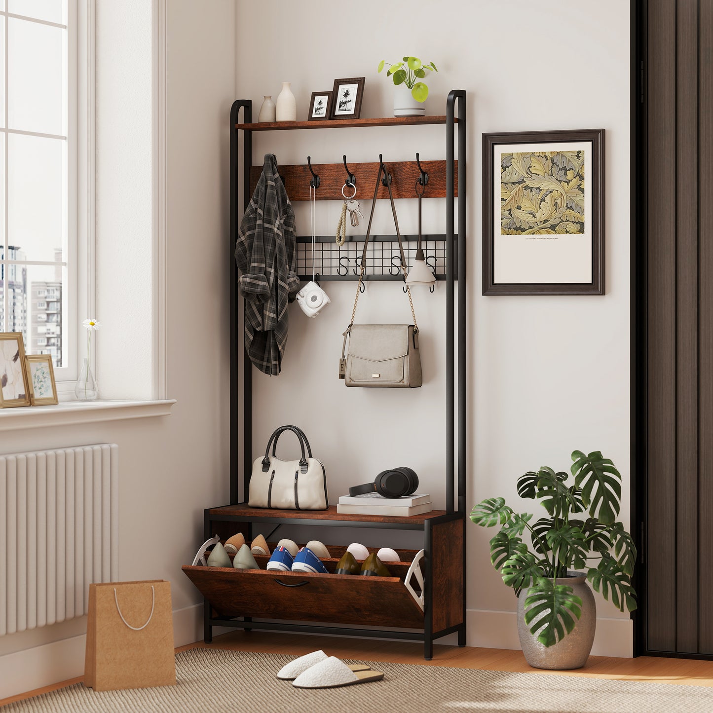 Industrial Hall Tree Coat Rack Stand with Shoe Cabinet Rustic Brown