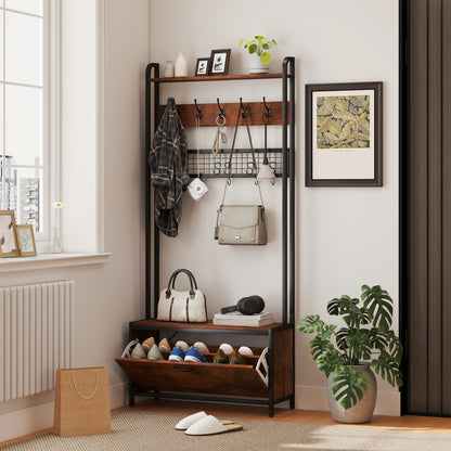 Industrial Hall Tree Coat Rack Stand with Shoe Cabinet Rustic Brown