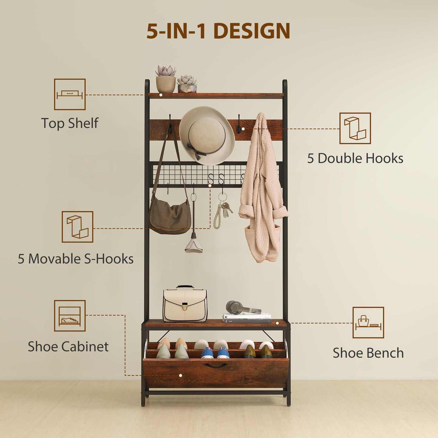 Industrial Hall Tree Coat Rack Stand with Shoe Cabinet Rustic Brown