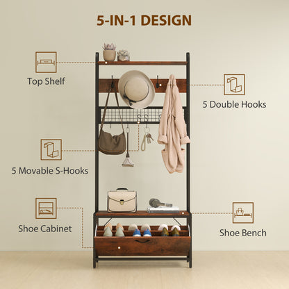 Industrial Hall Tree Coat Rack Stand with Shoe Cabinet Rustic Brown