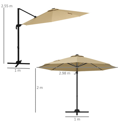 3(m) Solar LED Cantilever Parasol Adjustable Garden Umbrella Khaki