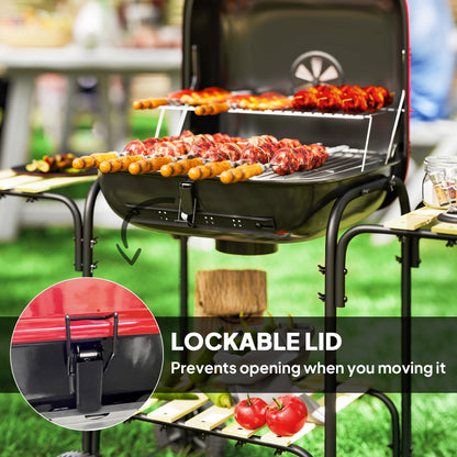 Charcoal Barbecue Grill Portable BBQ with Lockable Lid, Vent, Red