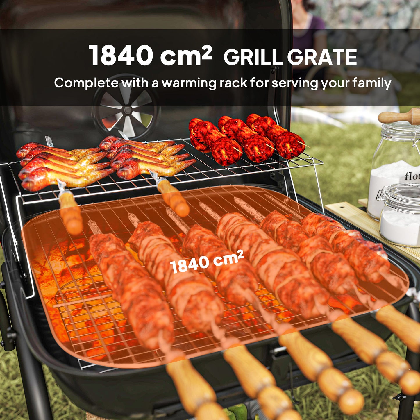 Charcoal Barbecue Grill Portable BBQ with Lockable Lid, Vent, Red