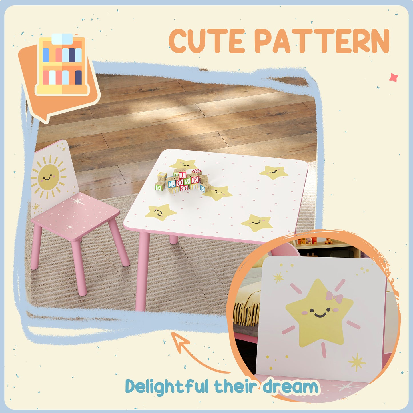 3-Piece Kids Table and Chair Sets, Kids Table with 2 Chairs Set Furniture with Star Pattern for Boys and Girls, Bedroom, Nursery, Playroom, Pink