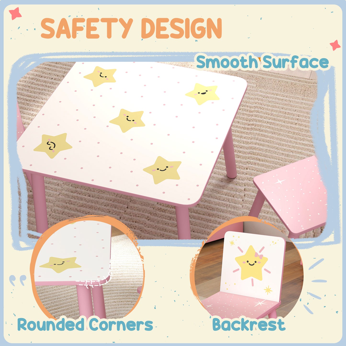 3-Piece Kids Table and Chair Sets, Kids Table with 2 Chairs Set Furniture with Star Pattern for Boys and Girls, Bedroom, Nursery, Playroom, Pink