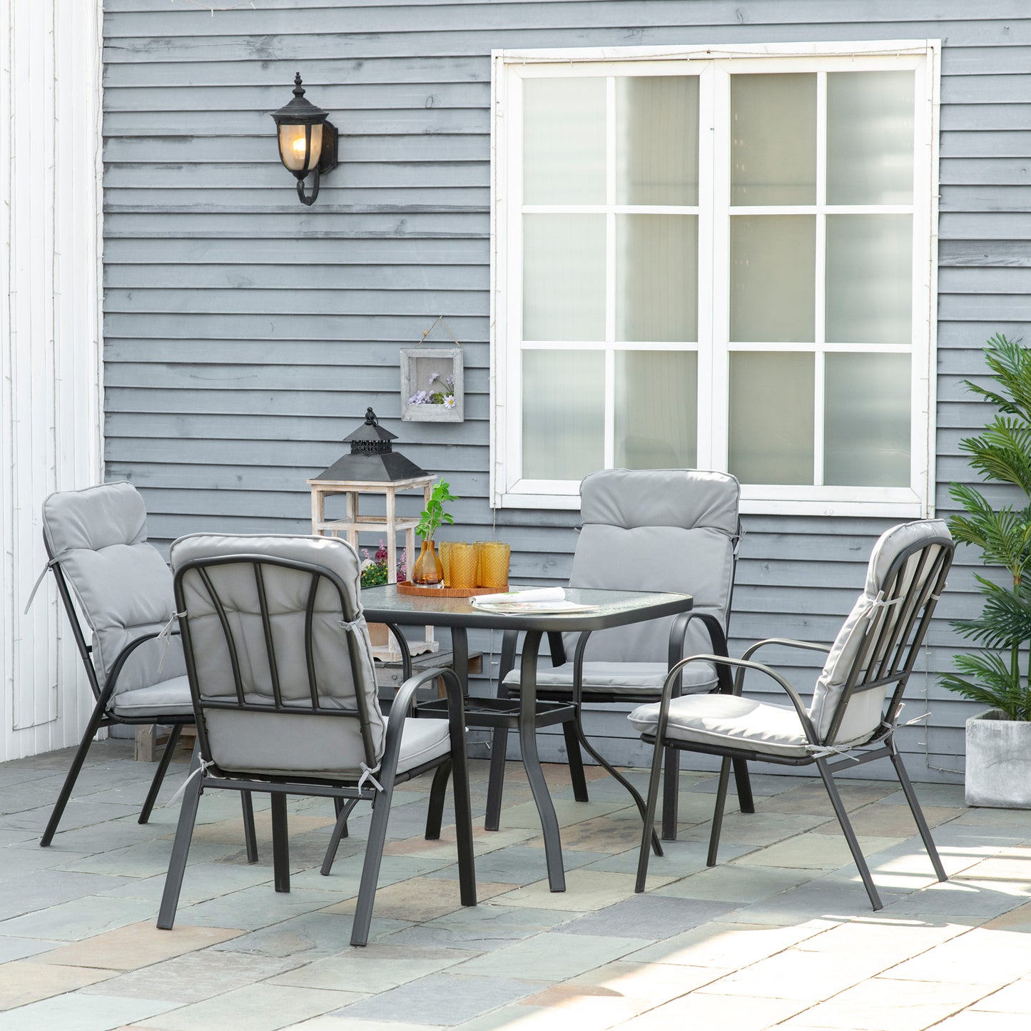 Garden Dining Set, Glass Table w/ Umbrella Hole Grey
