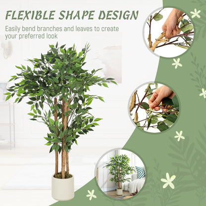 120cm Artificial Ficus Tree, Decorative Artificial Plant with Solid Wood Trunk and Pot for Indoor Living Room Home Office Decor, Green